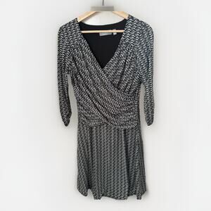 B-Slim Shapeware Dress Black White Chevron 3/4 Sleeve Faux Wrap Office Event PL